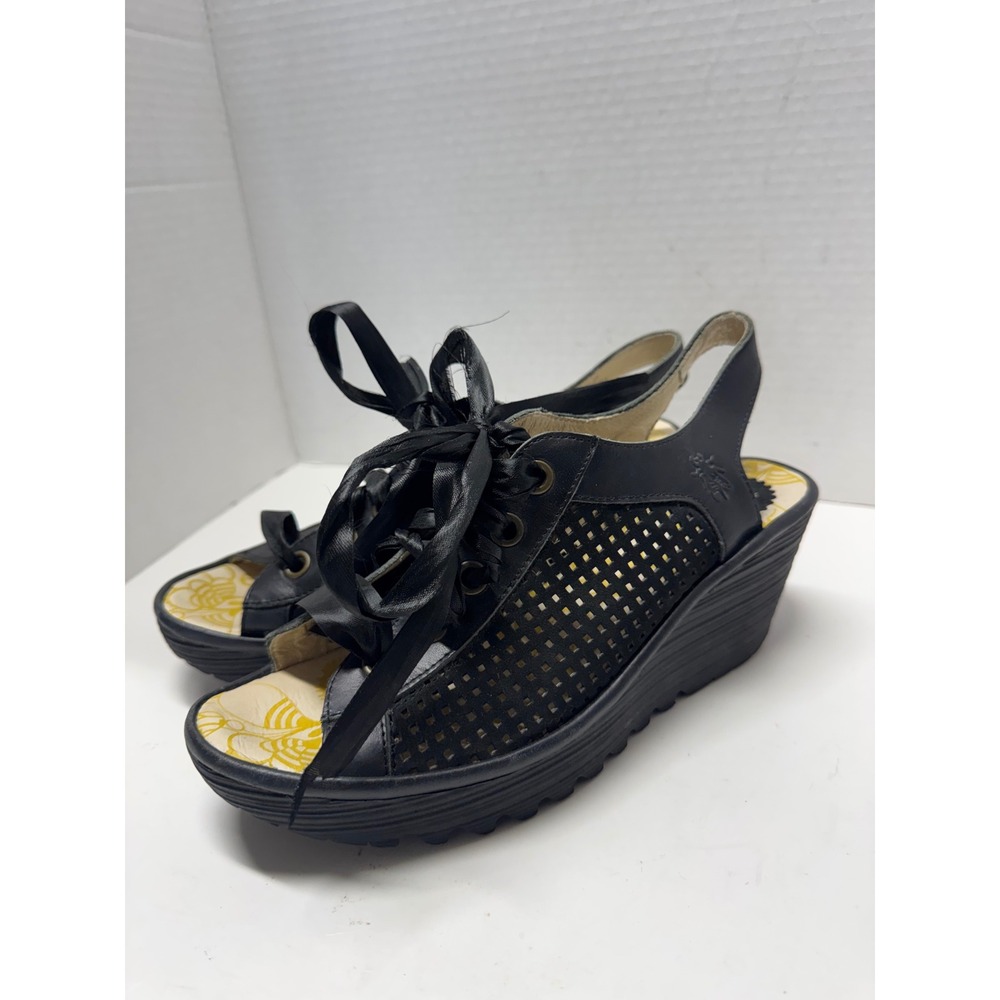 Fly London Yala Black Leather Perforated Lace Up Wedge Sandals Size 40 9.5